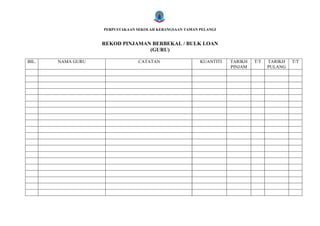 PERPUSTAKAAN SEKOLAH KEBANGSAAN TAMAN PELANGI


                   REKOD PINJAMAN BERBEKAL / BULK LOAN
                                 (GURU)

BIL.   NAMA GURU                CATATAN                  KUANTITI   TARIKH   T/T   TARIKH   T/T
                                                                    PINJAM         PULANG
 