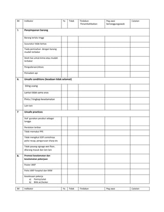 Senarai semak pemeriksaan krselamatan tempat kerja dan healthy setting