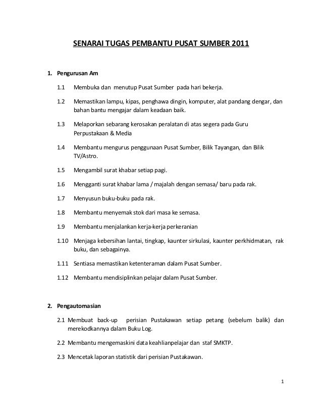 Senarai Tugas Pembantu Pusat Sumber 2011