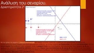 Ανάλυση του σεναρίου.
Δραστηριότητα 2η
Με την χρήση του αρχείου 1_Γραμμικό Σύστημα.ggb Με σαφείς εντολές καλείται ο μαθητής να προσεγγίσει το σημείο Μ
κατάλληλα στο κοινό σημείο των δύο τεμνόμενων ευθειών με στόχο πρώτα να διερευνήσει και μετά να κατανοήσει ότι το
κοινό σημείο δύο ευθειών ( εάν υπάρχει) είναι η γραφική λύση του συστήματος. Μετακινώντας τους δρομείς α1, β1, γ1,
α2,β2,γ2 έτσι ώστε να προκύπτει ισότητα πρώτα των λόγων των συντελεστών α1, β1 και α2, β2 και κατόπιν και των τριών
ζευγών προκειμένου να εμφανιστεί η σχετική θέση των 2 ευθειών, και να βγουν συμπεράσματα για το πότε ένα σύστημα
είναι αόριστο, αδύνατο ή έχει μοναδική λύση.
 
