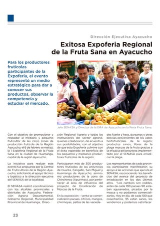 Dirección Ejecutiva Ayacucho
Exitosa Expoferia Regional
de la Fruta Sana en Ayacucho
Para los productores
frutícolas
participantes de la
Expoferia, el evento
representó un medio
estratégico para dar a
conocer sus
productos, observar la
competencia y
estudiar el mercado.
Jefe SENASA y Director de la DRA de Ayacucho en la Feria Fruta Sana.
Con el objetivo de promocionar y
respaldar al mediano y pequeño
fruticultor de las cinco zonas de
producción frutícola de la Región
Ayacucho, el 6 de febrero se realizó,
la I Expoferia Regional de la Fruta
Sana en la ciudad de Huamanga,
capital de la región Ayacucho.
La iniciativa para realizar este
evento fue propuesta por la Central
de Fruticultores de la Región Aya-
cucho, solicitando el apoyo técnico
y logístico a la dirección ejecutiva
del SENASA de la localidad.
El SENASA realizó coordinaciones
con los alcaldes provinciales y
distritales de Ayacucho, Federa-
ción Agraria Departamental,
Gobierno Regional, Municipalidad
Provincial de Huamanga, Direc-
ción Regional Agraria y todas las
instituciones del sector agrario,
quienes colaboraron, de acuerdo a
sus posibilidades, con el objetivo
de que esta Expoferia culmine con
el éxito esperado en beneﬁcio de
los pequeños y medianos produc-
tores frutícolas de la región.
Participaron más de 300 produc-
tores frutícolas de las provincias
de Huanta, Cangallo, San Miguel y
Huamanga de Ayacucho; asimis-
mo productores de la zona de
Chincheros (Apurímac), por perte-
necer al área de inﬂuencia del
proyecto de Erradicación de
Moscas de la Fruta.
En la exposición – venta se comer-
cializaron pacaes, cítricos, mangos,
chirimoyas, paltas de las varieda-
des fuerte y hass, duraznos y otras
delicias provenientes de los valles
hortofrutícolas de la región;
productos sanos, libres de la
plaga moscas de la fruta gracias a
la eﬁcacia del proyecto implemen-
tado por el SENASA para erradi-
car la plaga.
Los representantes de cada provin-
cia participante manifestaron su
apoyo a las acciones que ejecuta el
SENASA, reconociendo los beneﬁ-
cios del avance del proyecto de
erradicación en los dos últimos
años. “Los cambios son visibles,
antes de cada 100 pacaes 90 esta-
ban agusanados, picados por la
mosca y no podíamos comerciali-
zarlos. Hoy en día, de cada 100 que
cosechamos, 95 están sanos, los
vendemos y podemos satisfacer
23
 