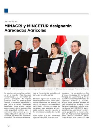 Actualidad
MINAGRI y MINCETUR designarán
Agregados Agrícolas
MINAGRI y Mincetur suscriben convenio para la implementación de Oﬁcinas Comerciales de Perú en el Exterior.
La apertura comercial se multipli-
ca en el mundo y los Acuerdos
Comerciales´s se convierten en
puertas principales de ingreso
para que todos los países puedan
ampliar su horizonte agroexporta-
dor, estos acuerdos establecen
beneﬁcios entre ambas partes,
pues ayudan a disminuir aranceles,
crea seguridad jurídica para el
comercio internacional y en el
caso particular de las acciones del
SENASA, establece los lineamien-
tos marco de sla medidas sanita-
rias y ﬁtosanitarias aplicables al
comercio entre las partes.
El sector agrario de nuestro país
necesita promocionar en los prin-
cipales mercados del mundo, los
productos que con tanto esfuerzo
del Estado y los productores, se
consiguen para abastecer el mer-
cado nacional y poder exportar a
los principales mercados del mundo.
Para lograr que los productos
agropecuarios de nuestro país
ingresen y se consoliden en los
diversos mercados del mundo, el
Ministro de Agricultura y Riego
Juan Manuel Benites, la Ministra de
Comercio Exterior y Turismo,
Magali Silva Velarde Álvarez, el
Jefe Nacional del SENASA Jorge
Barrenechea Cabrera y la Secreta-
ria General de PROMPERÚ, Nancy
Laca Ramos, suscribieron un con-
venio que permite la implementa-
ción de “agregadurías agrícolas”
en las Oﬁcinas Económico Comer-
ciales de Perú en el Exterior (OCEX),
01
 