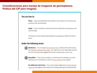 Consideraciones para manejo de imagenes de germoplasma.
Politica del CIP para imagnes.
 