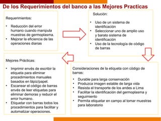 De los Requerimientos del banco a las Mejores Practicas
Requerimientos:
• Reducción del error
humano cuando manipula
muestras de germoplasma.
• Mejorar la eficiencia de las
operaciones diarias
Solución:
• Uso de un sistema de
identificación
• Seleccionar uno de amplio uso
y barato sistema de
identificación
• Uso de la tecnología de código
de barras
• Durable para larga conservación
• Produzca imagen estable de larga vida
• Resista el transporte de los andes a Lima
• Facilitar la identificación del germoplasma y
seguimiento
• Permita etiquetar en campo al tomar muestras
para laboratorio
Consideraciones de la etiqueta con código de
barras:
Mejores Prácticas:
• Imprimir envés de escribir la
etiqueta para eliminar
procedimientos manuales
basados en lápiz/papel.
• Escanear el código de barras
envés de leer etiquetas para
eliminar demoras y reducir el
error humano.
• Etiquetar con barras todos los
procedimientos para facilitar y
automatizar operaciones.
 