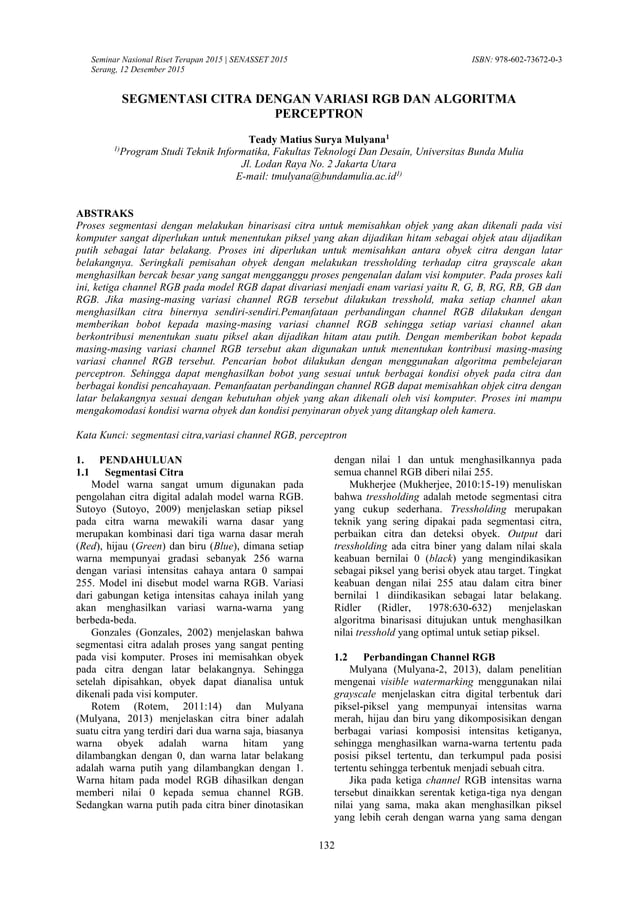 SEGMENTASI CITRA DENGAN VARIASI RGB DAN ALGORITMA PERCEPTRON | PDF