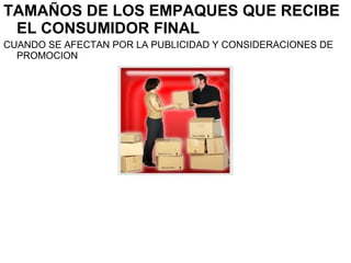 TAMAÑOS DE LOS EMPAQUES QUE RECIBE
EL CONSUMIDOR FINAL
CUANDO SE AFECTAN POR LA PUBLICIDAD Y CONSIDERACIONES DE
PROMOCION
 