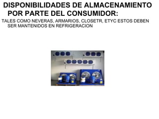 DISPONIBILIDADES DE ALMACENAMIENTO
POR PARTE DEL CONSUMIDOR:
TALES COMO NEVERAS, ARMARIOS, CLOSETR, ETYC ESTOS DEBEN
SER MANTENIDOS EN REFRIGERACION
 