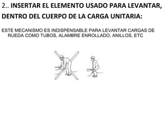 2.. INSERTAR EL ELEMENTO USADO PARA LEVANTAR,
DENTRO DEL CUERPO DE LA CARGA UNITARIA:
ESTE MECANISMO ES INDISPENSABLE PARA LEVANTAR CARGAS DE
RUEDA COMO TUBOS, ALAMBRE ENROLLADO, ANILLOS, ETC
 