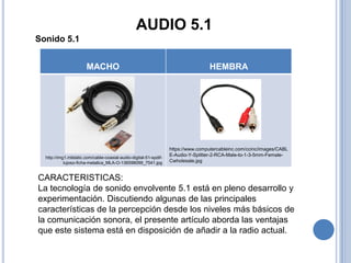 AUDIO 5.1
Sonido 5.1


                       MACHO                                                       HEMBRA




                                                                   https://www.computercableinc.com/ccinc/images/CABL
                                                                   E-Audio-Y-Splitter-2-RCA-Male-to-1-3-5mm-Female-
  http://img1.mlstatic.com/cable-coaxial-audio-digital-51-spdif-
            lujoso-ficha-metalica_MLA-O-136598099_7541.jpg         Cwholesale.jpg


CARACTERISTICAS:
La tecnología de sonido envolvente 5.1 está en pleno desarrollo y
experimentación. Discutiendo algunas de las principales
características de la percepción desde los niveles más básicos de
la comunicación sonora, el presente artículo aborda las ventajas
que este sistema está en disposición de añadir a la radio actual.
 