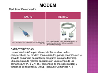 MODEM
Modulador Demodulador


                     MACHO                                                   HEMBRA




                                                           http://img1.mlstatic.com/cable-serial-null-rs232-
  http://i01.i.aliimg.com/img/pb/682/659/302/302659682_
                                                 516.jpg   modem-hembra-hembra-db9-nuevos_MLC-O-
                                                           3821809185_022013.jpg


 CARACTERISTICAS:
 Los comandos AT le permiten controlar muchas de las
 caracteristicas del modem. Para utilizarlos puede escribirlos en la
 linea de comandos de cualquier programa en modo terminal.
 El modem puede mostrar pantallas con un resumen de los
 comandos AT (AT$ y AT&$), comandos de marcado (ATD$) y
 funciones de registros S (ATS$) (consulte Comandos AT).
 
