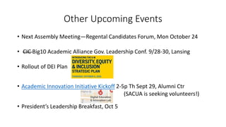 Other Upcoming Events
• Next Assembly Meeting—Regental Candidates Forum, Mon October 24
• CIC Big10 Academic Alliance Gov. Leadership Conf. 9/28-30, Lansing
• Rollout of DEI Plan
• Academic Innovation Initiative Kickoff 2-5p Th Sept 29, Alumni Ctr
(SACUA is seeking volunteers!)
• President’s Leadership Breakfast, Oct 5
 