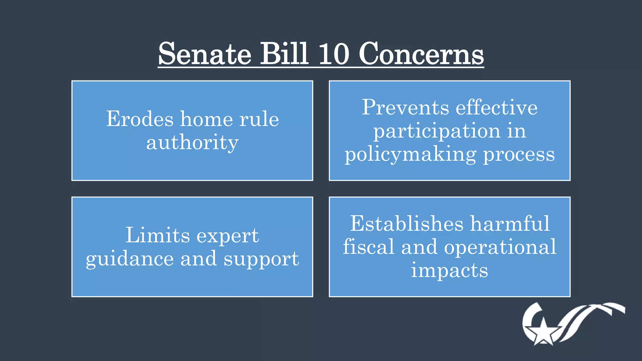 Senate Bill 10 Concerns
Erodes home rule
authority
Prevents effective
participation in
policymaking process
Limits expert
guidance and support
Establishes harmful
fiscal and operational
impacts
 