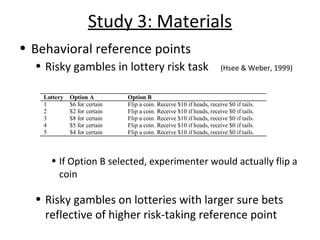 Study 3: Materials
• Behavioral reference points
• Risky gambles in lottery risk task (Hsee & Weber, 1999)
• If Option B s...
