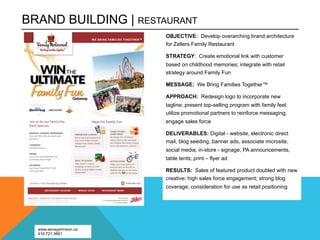 BRAND BUILDING | RESTAURANT
                        OBJECTIVE: Develop overarching brand architecture
                        for Zellers Family Restaurant

                        STRATEGY: Create emotional link with customer
                        based on childhood memories; integrate with retail
                        strategy around Family Fun

                        MESSAGE: We Bring Families Together™

                        APPROACH: Redesign logo to incorporate new
                        tagline; present top-selling program with family feel;
                        utilize promotional partners to reinforce messaging;
                        engage sales force

                        DELIVERABLES: Digital - website, electronic direct
                        mail, blog seeding, banner ads, associate microsite,
                        social media; in-store - signage, PA announcements,
                        table tents; print – flyer ad

                        RESULTS: Sales of featured product doubled with new
                        creative; high sales force engagement; strong blog
                        coverage; consideration for use as retail positioning




  www.senayjohnson.ca
  416.721.3861
 