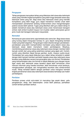 Pengayaan 
Tahap pengayaan merupakan tahap yang dilakukan oleh siswa atau kelompok 
siswa yang memiliki tingkat kompetensi yang lebih tinggi daripada siswa atau 
kelompok siswa yang lain. Bagi siswa atau kelompok siswa yang memiliki 
kompetensi yang lebih tinggi, guru dapat menstimuli mereka untuk lebih 
memperdalam pemahaman tentang simbol-simbol untuk mengembangkan 
potensi secara lebih optimal. Tugas yang diberikan oleh guru dalam tahap ini 
adalah menstimuli siswa atau kelompok siswa untuk menemukan beragam 
simbol, baik simbol musikal maupun non-musikal, dalam pertunjukan genre/ 
jenis musik dari beragam kelompok masyarakat. 
Remedial 
Kemampuan para siswa tentu saja berbeda satu sama lain. Bagi siswa-siswa 
yang kurang dapat menguasai konsep ini, guru dapat mengulang kembali 
materi yang telah diajarkan. Pengulangan materi disertai dengan pendekatan-pendekatan 
yang lebih memperhatikan hambatan yang dialami siswa atau 
kelompok siswa dalam memahami materi pembelajaran. Misalnya, 
membimbing pemahaman siswa atau kelompok siswa dengan memberi lebih 
banyak contoh dari yang paling sederhana sampai yang agak sulit. Contoh-contoh 
yang diberikan dapat berupa gambar, audio, maupun audio-visual. 
Pendekatan lain yang dapat dilakukan guru dalam tahap remedial ini adalah 
dengan lebih banyak memberi perhatian kepada siswa atau kelompok siswa 
tersebut yang dilakukan secara menyenangkan atau non-formal. Pendekatan 
yang menyenangkan atau non-formal ini dapat dilakukan guru dengan tujuan 
agar siswa atau kelompok siswa tersebut dapat lebih termotivasi untuk 
mencari informasi yang mereka butuhkan, lebih termotivasi untuk bertanya, 
mengemukakan pendapat, dan menganalisis keunikan atau simbol-simbol 
musik. Tahap remedial diakhiri dengan penilaian untuk mengukur kembali 
tingkat pemahaman siswa atau kelompok siswa tersebut terhadap sub-materi 
pembelajaran. 
Penilaian 
Penilaian proses untuk sub-materi ini mencakup tiga aspek dasar, yaitu 
pengetahuan, sikap, dan keterampilan. Untuk lebih jelasnya, perhatikan 
contoh lembar penilaian berikut: 
62 Buku Guru Kelas X SMA/MA/SMK/MAK 
 