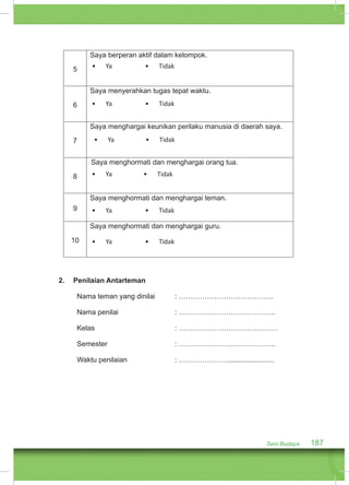 Seni Budaya 187 
5 
Saya berperan aktif dalam kelompok. 
6 
• Ya • Tidak 
Saya menyerahkan tugas tepat waktu. 
7 
• Ya • Tidak 
Saya menghargai keunikan perilaku manusia di daerah saya. 
8 
• Ya • Tidak 
Saya menghormati dan menghargai orang tua. 
9 
• Ya • Tidak 
Saya menghormati dan menghargai teman. 
10 
• Ya • Tidak 
Saya menghormati dan menghargai guru. 
• Ya • Tidak 
2. Penilaian Antarteman 
Nama teman yang dinilai : …………………………………. 
Nama penilai : ………………………………….. 
Kelas : …………………………………… 
Semester : ………………………………….. 
Waktu penilaian : …………………....................... 
 