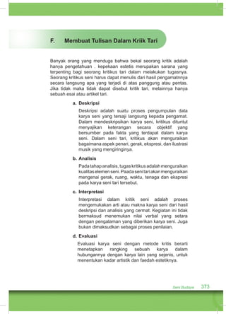 Seni Budaya 373 
F. Membuat Tulisan Dalam Kriik Tari 
Banyak orang yang menduga bahwa bekal seorang kritik adalah 
hanya pengetahuan . kepekaan estetis merupakan sarana yang 
terpenting bagi seorang kritikus tari dalam melakukan tugasnya. 
Seorang kritikus seni harus dapat menulis dari hasil pengamatnnya 
secara langsung apa yang terjadi di atas panggung atau pentas. 
Jika tidak maka tidak dapat disebut kritik tari, melainnya hanya 
sebuah esai atau artikel tari. 
a. Deskripsi 
Deskripsi adalah suatu proses pengumpulan data 
karya seni yang tersaji langsung kepada pengamat. 
Dalam mendeskripsikan karya seni, kritikus dituntut 
menyajikan keterangan secara objektif yang 
bersumber pada fakta yang terdapat dalam karya 
seni. Dalam seni tari, kritikus akan menguraikan 
bagaimana aspek penari, gerak, ekspresi, dan ilustrasi 
musik yang mengiringinya. 
b. Analisis 
Pada tahap analisis, tugas kritikus adalah menguraikan 
kualitas elemen seni. Paada seni tari akan menguraikan 
mengenai gerak, ruang, waktu, tenaga dan ekspresi 
pada karya seni tari tersebut. 
c. Interpretasi 
Interpretasi dalam kritik seni adalah proses 
mengemukakan arti atau makna karya seni dari hasil 
deskripsi dan analisis yang cermat. Kegiatan ini tidak 
bermaksud menemukan nilai verbal yang setara 
dengan pengalaman yang diberikan karya seni. Juga 
bukan dimaksudkan sebagai proses penilaian. 
d. Evaluasi 
Evaluasi karya seni dengan metode kritis berarti 
menetapkan rangking sebuah karya dalam 
hubungannya dengan karya lain yang sejenis, untuk 
menentukan kadar artistik dan faedah estetiknya. 
 
