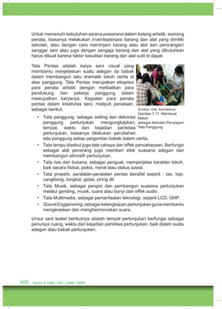 Untuk memenuhi kebutuhan sarana prasarana dalam bidang artistik, seorang 
penata, biasanya melakukan inventeatersasi barang dan alat yang dimiliki 
sekolah, atau dengan cara meminjam barang atau alat dari perorangan/ 
sanggar seni atau juga dengan sengaja barang dan alat yang dibutuhkan 
harus dibuat karena faktor kesulitan barang dan alat sulit di dapat. 
Tata Pentas adalah karya seni visual yang 
membantu menjelaskan suatu adegan da babak 
dalam membangun laku dramatik tokoh cerita di 
atas panggung. Tata Pentas merupakan ekspresi 
para penata artistik dengan melibatkan para 
pendukung dan pekerja panggung dalam 
mewujudkan karyanya. Kegiatan para penata 
pentas dalam kreativtas seni, meliputi penataan, 
sebagai berikut. 
• Tata panggung, sebagai setting dan dekorasi 
panggung pertunjukan mengungkapkan; 
tempat, waktu dan kejadian peristiwa 
pertunjukan, biasanya dilakukan perubahan 
tata panggung setiap pergantian babak dalam cerita. 
• Tata lampu disebut juga tata cahaya dan effek pencahayaan. Berfungsi 
sebagai alat penerang juga memberi efek suasana adegan dan 
membangun atmosfir pertunjukan. 
• Tata rias dan busana, sebagai penguat, memperjelas karakter tokoh, 
baik secara fisikal, psikis, moral atau status sosial. 
• Tata properti, peralatan-peralatan pentas bersifat seperti : tas, topi, 
cangklong, tongkat, gelas, piring dll. 
• Tata Musik, sebagai pengisi dan pembangun suasana pertunjukan 
melalui gending, musik, suara atau bunyi dan effek audio. 
• Tata Multimedia, sebagai pemanfaatan teknologi, seperti LCD, OHP. 
• Sound Enggenering, sebagai kelengkapan pertunjukan guna membantu 
mengeraskan dan mengharmoniskan suara. 
Unsur seni teater berikutnya adalah tempat pertunjukan berfungsi sebagai 
penunjuk ruang, waktu dan kejadian peristiwa pertunjukan, baik dalam suatu 
adegan atau babak pertunjukan. 
408 Kelas X SMA / MA / SMK / MAK 
Sumber: Dok. Kemdikbud 
Gambar 7.11 Membuat 
Maket 
sebagai Aktivitas Penyiapan 
Tata Panggung 
 
