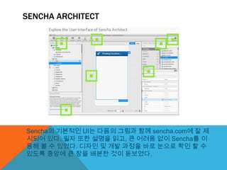 SENCHA ARCHITECT




Sencha의 기본적인 UI는 다음의 그림과 함께 sencha.com에 잘 제
시되어 있다. 필자 또한 설명을 읽고, 큰 어려움 없이 Sencha를 이
용해 볼 수 있었다. 디자인 및 개발 과정을 바로 눈으로 확인 할 수
있도록 중앙에 큰 창을 배분한 것이 돋보였다.
 