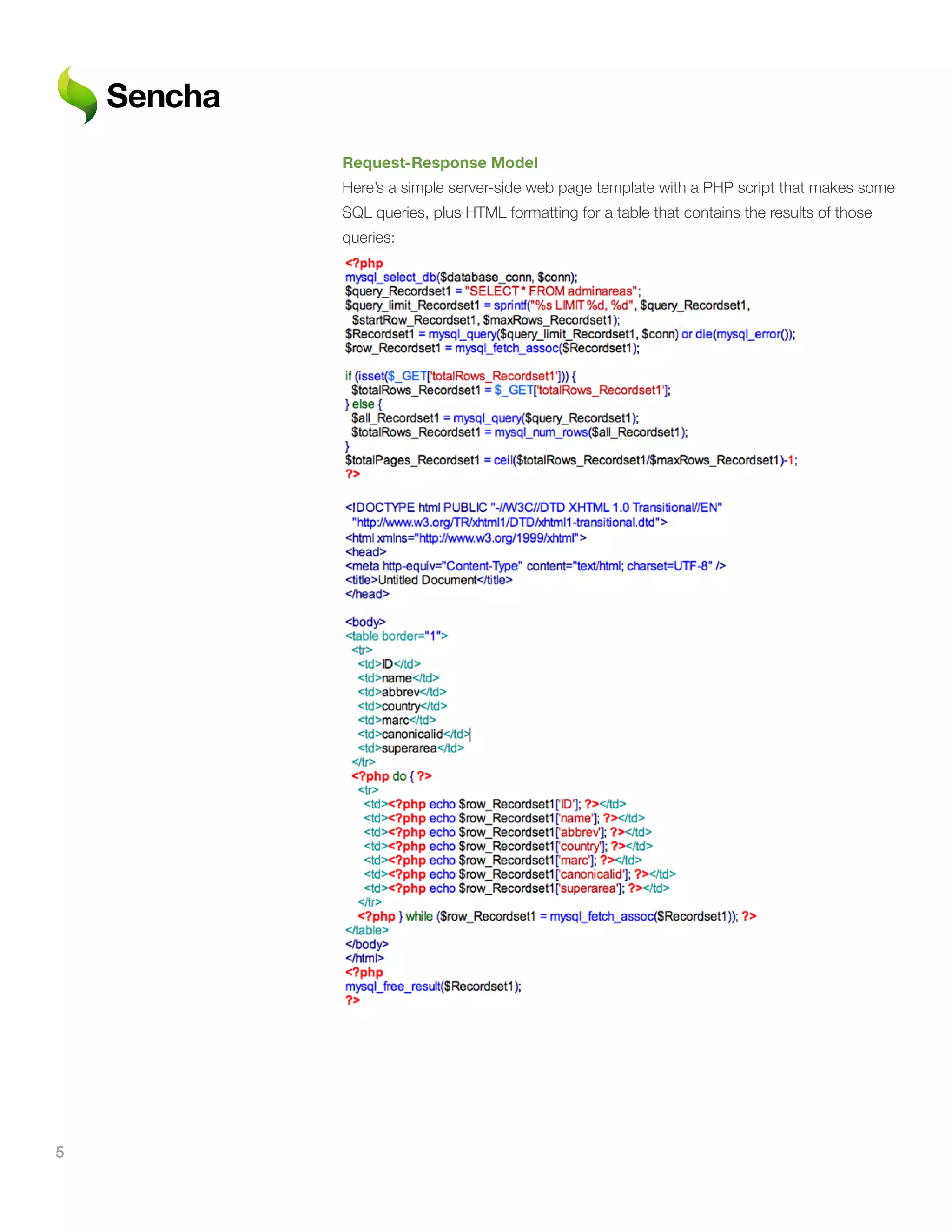 Request-Response	Model
    Here’s a simple server-side web page template with a PHP script that makes some
    SQL queries, plus HTML formatting for a table that contains the results of those
    queries:




5
 