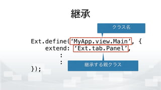 継承
Ext.define(‘MyApp.view.Main’, {
extend: ‘Ext.tab.Panel’,
:
:
});
クラス名
継承する親クラス
 