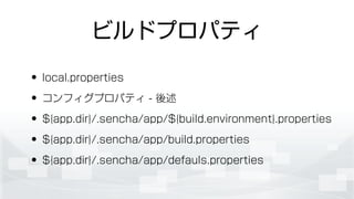ビルドプロパティ
• local.properties
• コンフィグプロパティ - 後述
• ${app.dir}/.sencha/app/${build.environment}.properties
• ${app.dir}/.sencha/app/build.properties
• ${app.dir}/.sencha/app/defauls.properties
 