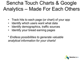 Sencha Touch Charts & Google
Analytics – Made For Each Others
• Track hits to each page (or chart) of your app
• Identify ...