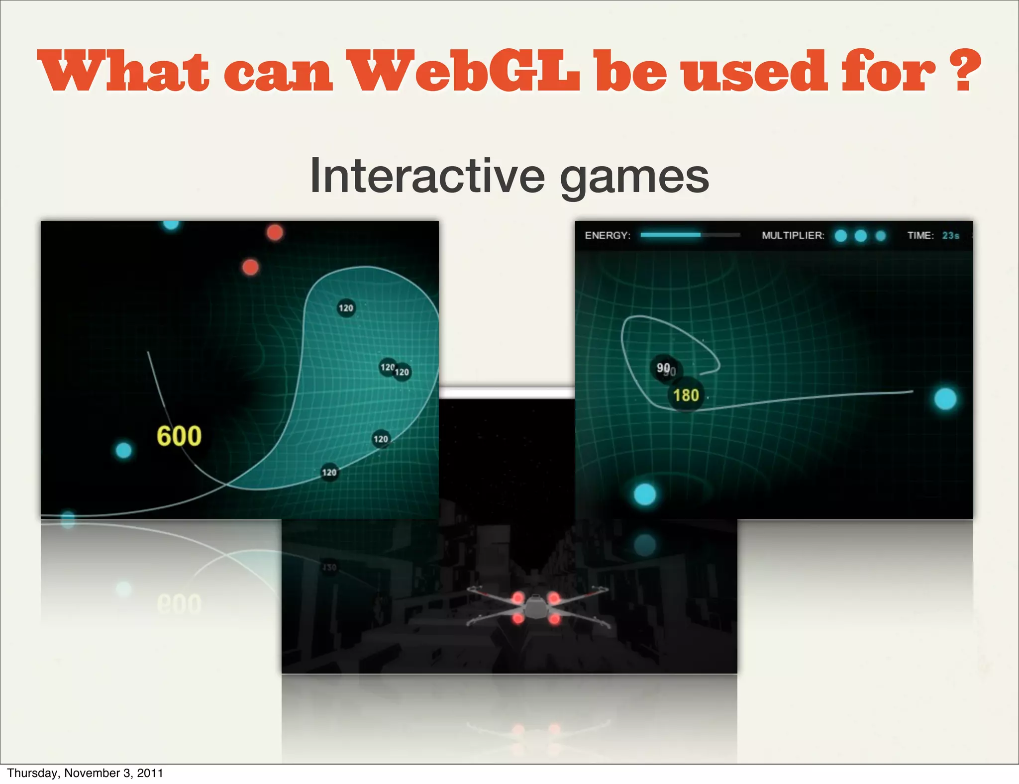 What can WebGL be used for ?
                             Interactive games




Thursday, November 3, 2011
 