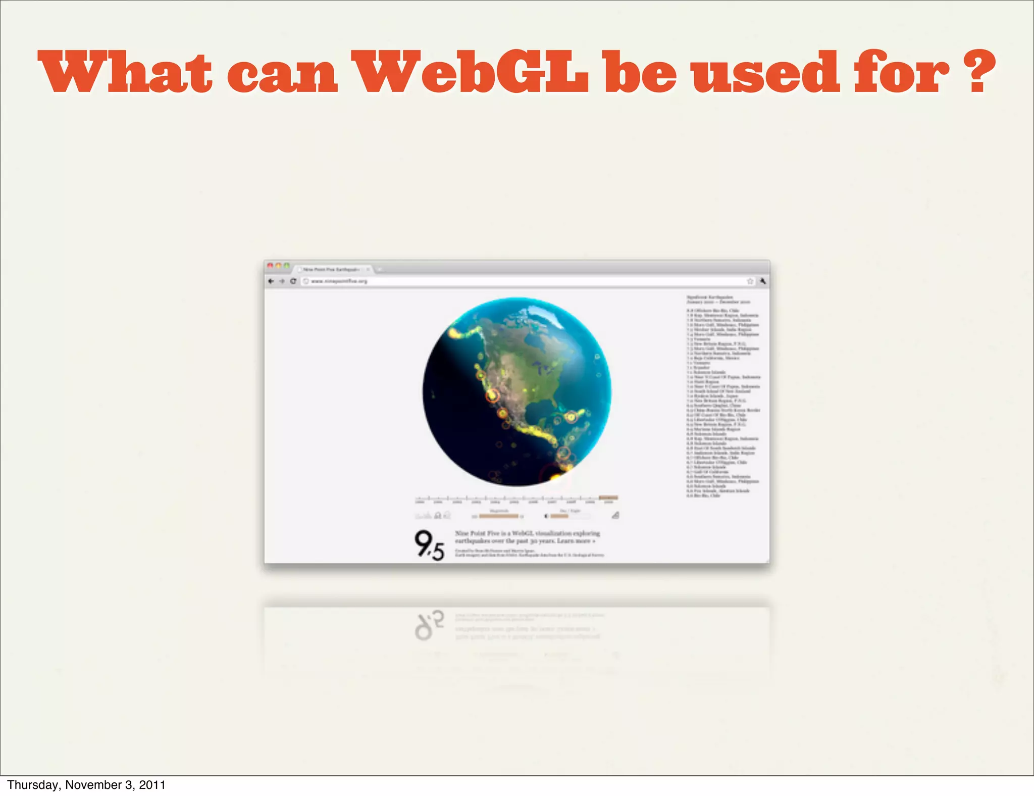 What can WebGL be used for ?




Thursday, November 3, 2011
 