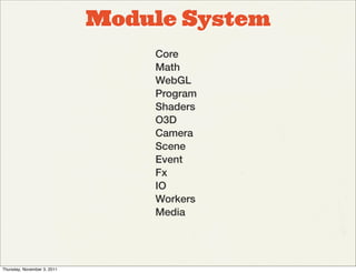 Module System
                                 Core
                                 Math
                                 WebGL
                                 Program
                                 Shaders
                                 O3D
                                 Camera
                                 Scene
                                 Event
                                 Fx
                                 IO
                                 Workers
                                 Media




Thursday, November 3, 2011
 