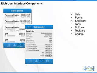 Rich User Interface Components



                                 •   Lists
                                 •   Forms
                                 •   Selectors
                                 •   Tabs
                                 •   Buttons
                                 •   Toolbars
                                 •   Charts.
 