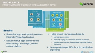 Benefits
 Streamline app development process –
Eliminate PhoneGap/Cordova
 Deliver HTML5 apps directly to end-
users through a managed, secure
runtime platform
 Helps protect your apps and data by
 Managing user access
 Remotely wiping your data from devices as needed
 Keeping your business data separate from other data on
the device
 Leverage developer APIs for a rich application
experience
SENCHA SPACE
EASILY MOBILIZE EXISTING WEB AND HTML5 APPS
 