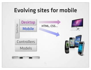 Evolving sites for mobile
           Desktop
Switcher


                     HTML, CSS...
            Mobile


  Controllers
           Models
 