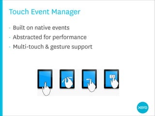 Touch Event Manager
•   Built on native events
•   Abstracted for performance
•   Multi-touch & gesture support
 