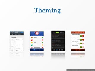 Theming




          http://www.sencha.com/products/touch/style-design
 