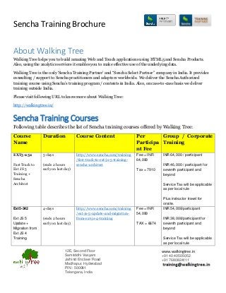 Sencha Training Brochure
12E, Second Floor
Samriddhi Vasyam
Jaihind Enclave Road
Madhapur, Hyderabad
PIN : 500081
Telangana, India
www.walkingtree.in
+91 40 40505052
+91 7680824111
About Walking Tree
Walking Tree helps you to build amazing Web and Touch applications using HTML5 and Sencha Products.
Also, using the analytics services it enables you to make effective use of the underlying data.
Walking Tree is the only ‘Sencha Training Partner’ and “Sencha Select Partner” company in India. It provides
consulting / support to Sencha practitioners and adaptors worldwide. We deliver the Sencha Authorized
training course using Sencha’s training program / contents in India. Also, on case-to-case basis we deliver
training outside India.
Please visit following URL to know more about Walking Tree:
http://walkingtree.in/
Sencha Training Courses
Following table describes the list of Sencha training courses offered by Walking Tree:
Course
Name
Duration Course Content Per
Participa
nt Fee
Group / Corporate
Training
EXT5-252
Fast Track to
Ext JS 5
Training +
Sencha
Architect
5-days
(ends 2 hours
early on last day)
http://www.sencha.com/training
/fast-track-to-ext-js-5-training-
sencha-architect
Fee = INR
64,000
Tax = 7910
INR 64,000 / participant
INR 46,000 / participant for
seventh participant and
beyond
Service Tax will be applicable
as per local rule
Plus instructor travel for
onsite.
Ext5-342
Ext JS 5
Update +
Migration from
Ext JS 4
Training
4-days
(ends 2 hours
early on last day)
http://www.sencha.com/training
/ext-js-5-update-and-migration-
from-ext-js-4-training
Fee = INR
54,000
TAX = 6674
INR 54,000/participant
INR 38,000/participant for
seventh participant and
beyond
Service Tax will be applicable
as per local rule
 
