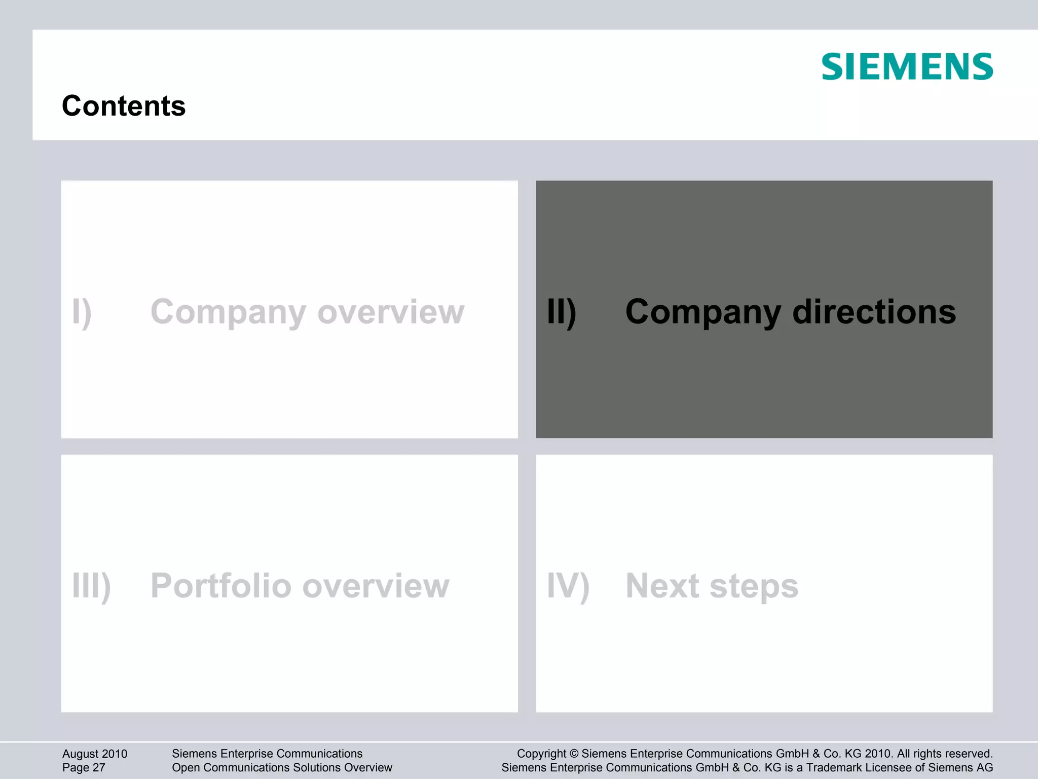 Contents I) Company overview II) Company directions III) Portfolio overview IV) Next steps 