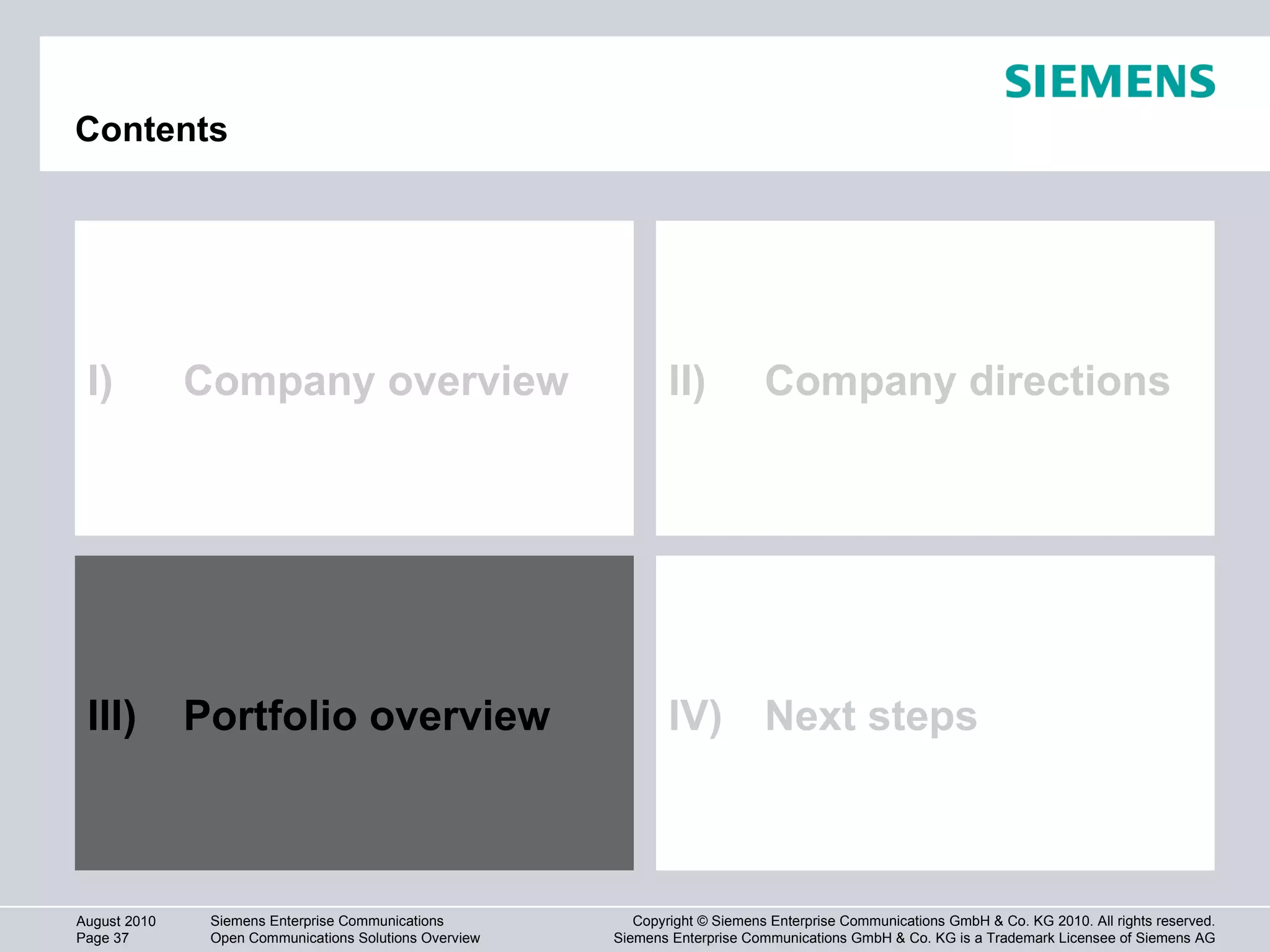 Contents I) Company overview II) Company directions III) Portfolio overview IV) Next steps 