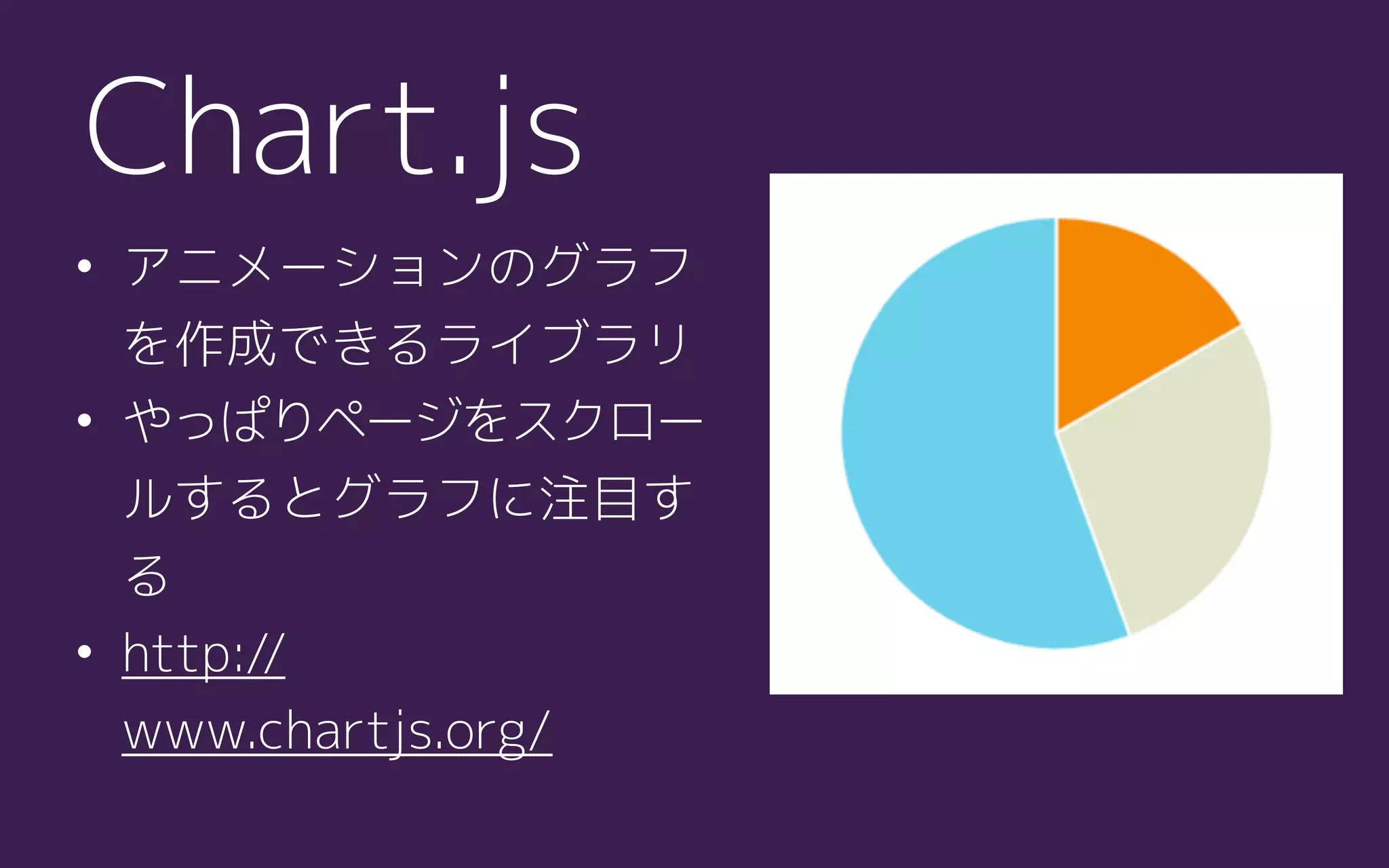 • アニメーションのグラフ
を作成できるライブラリ
• やっぱりページをスクロー
ルするとグラフに注目す
る
• http://
www.chartjs.org/
Chart.js
 