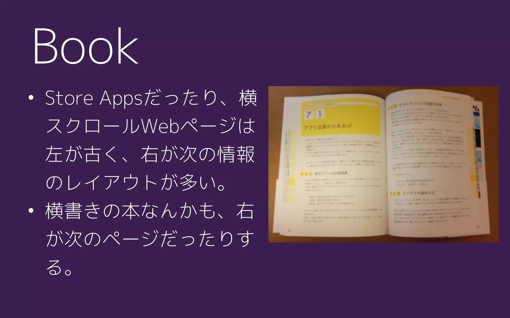 • Store Appsだったり、横
スクロールWebページは
左が古く、右が次の情報
のレイアウトが多い。
• 横書きの本なんかも、右
が次のページだったりす
る。
Book
 