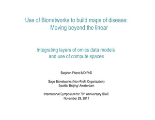 Use of Bionetworks to build maps of disease:
           Moving beyond the linear


    Integrating layers of omics data models
          and use of compute spaces

                   Stephen Friend MD PhD

          Sage Bionetworks (Non-Profit Organization)
                 Seattle/ Beijing/ Amsterdam

       International Symposium for 70th Anniversary IDAC
                       November 29, 2011
 