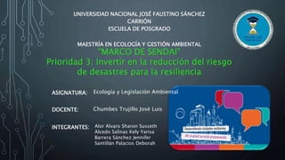 UNIVERSIDAD NACIONAL JOSÉ FAUSTINO SÁNCHEZ
CARRIÓN
ESCUELA DE POSGRADO
MAESTRÍA EN ECOLOGÍA Y GESTIÓN AMBIENTAL
“MARCO DE SENDAI”
Prioridad 3: Invertir en la reducción del riesgo
de desastres para la resiliencia
Alor Alvaro Sharon Susseth
Alcedo Salinas Kely Yarisa
Barrera Sánchez Jennifer
Santillán Palacios Deborah
ASIGNATURA: Ecología y Legislación Ambiental
Chumbes Trujillo José LuisDOCENTE:
INTEGRANTES:
 