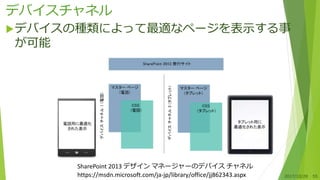 デバイスチャネル
デバイスの種類によって最適なページを表示する事
が可能
2017/10/28 55
SharePoint 2013 デザイン マネージャーのデバイス チャネル
https://msdn.microsoft.com/ja-jp/library/office/jj862343.aspx
 