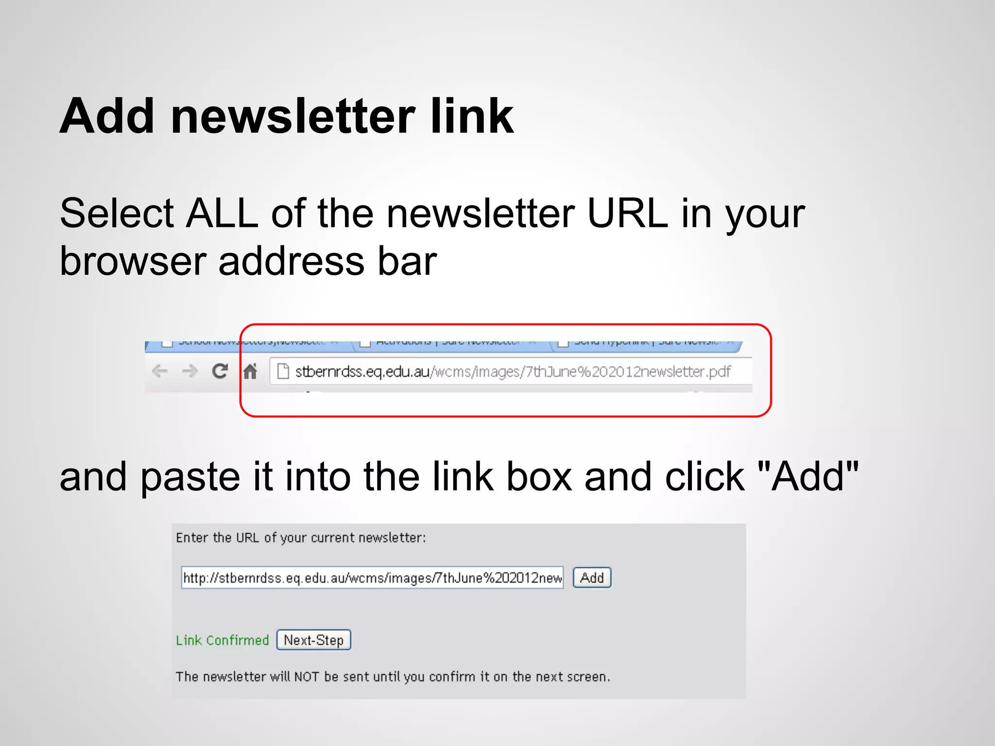 Add newsletter link
Select ALL of the newsletter URL in your
browser address bar




and paste it into the link box and click "Add"
 