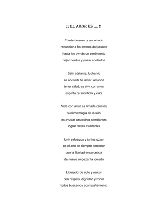 ¡¡ El amor es …. !!


  El arte de amar y ser amado

renunciar a los errores del pasado

 hacia los demás un sentimiento

 dejar huellas y pasar contentos



    Salir adelante, luchando

  se aprende ha amar, amando

  tener salud, es vivir con amor

   espíritu de sacrificio y valor



Vida con amor es rimada canción

    sublime magia de ilusión

es ayudar a nuestros semejantes

     lograr metas triunfantes



  Unir esfuerzos y juntos gozar

 es el arte de siempre perdonar

   con la libertad encarcelada

  de nuevo empezar la jornada



   Liberador de odio y rencor

  con respeto, dignidad y honor

todos buscamos acompañamiento
 