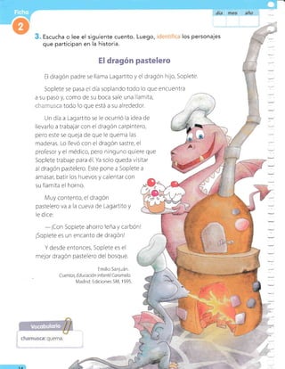 1A
Escucha o lee el siguiente cuento. Luego, los personajes
que participan en la historia.
El dragón pastelero
El dragón padre se llama Lagartito y el dragón hljo, Soplete.
Soplete se pasa el dia soplando todo io que encuentra
a su paso y, como de su boca sale una llamita,
-.-:-:-;:.:.:,:..:r todo lo que está a su alrededor.
Un día a Lagartito se le ocurrió la idea de
llevarlo a trabajar con el dragón carpintero,
pero este se queja de que le quema las
maderas. Lo llevó con el dragón sastre, el
prolesor y el médico, pero ninguno quiere que
Soplete trabaje para é1. Ya solo queda visitar
al dragón pastelero. Este pone a Soplete a
amasar, batir los huevos y calentar con
su llamita el horno.
Muy contento, el dragón
pastelero va a la cueva de Lagartito y
le dice:
-¡Con
Sopiete ahorro leña y carbónl
¡Soplete es un encanto de dragónl
Y desde entonces, Soplete es el
melor dragón pastelero del bosque.
Emilio Sanjuán.
Cuentos, Educación infantil Caramelo.
Madrid: Ediciones SM, 1995.
-
-
Y
-:
:
=
:
-
*:
-
 