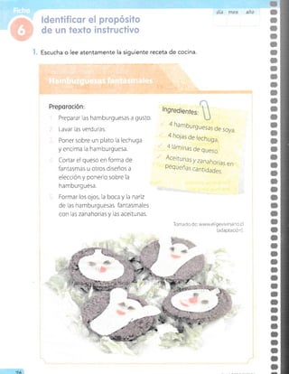 Identificor el propósito
de un texto instructivo
l. Escucha o lee atentamente la siguiente receta de cocina.
Preporoción:
oi. Preparar las hamburguesas a gusto.
2. Lavar las verduras.
r-1. Poner sobre un plato la lechuga
y encima la hamburguesa.
d+, Cortar el queso en forma de
fantasmas u otros diseños a
elección y ponerlo sobre la
hamburguesa.
5. Formar los ojos, la boca y la nariz
de las hamburguesas fantasmales
con las zanahorias y las aceitunas.
4 hamburguesas
de soya.
4 hojas de /echuga.
4láminas de queso.
Aceitunas y zanahorias
en
pequeñas
cantidades.
5
Tomado de: www.eligevivirsa no.cl
(adapiación).
9A
;t
L-¡
A
x
 