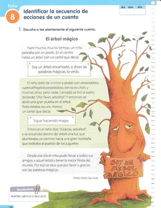 día mee
Escucha o lee atentamente el siguiente cuento.
EI árbol mágico
Hace mucho, mucho tiempo, un niño
paseaba por un prado. En el centro
había un árbol con un cartel que decía:
las
El niño trató de :.:i-r::.,r, / probÓ con abracadabra,
su perca I ifrag i I i sti coes pi a I i d oso, ta n -ta-ta- ch ó n, y
muchas otras, pero nada. Cansado se tiró al suelo,
diciendo: "¡Por favor, arbolitol'i Y entonces se
abrió una gran puerta en el árbol.
Todo estaba oscuro, menos
un cartel que decia:
Sigue haciendo magia.
Entonces el niño dijo:"¡Gracias, arbolitol'i
y se encendió dentro del árbol una luz que
alumbraba un camino hacia una gran montaña
que rodeaba al pueblo de los juguetes.
Desde ese día el niño pudo llevar a todos sus
amigos a aquel árbol y tener la mejor fiesta del
mundo. Por eso se dice que por favor y gracias
son las palabras mágicas.
11
Pedro Pablo Sacristán
ao
 
