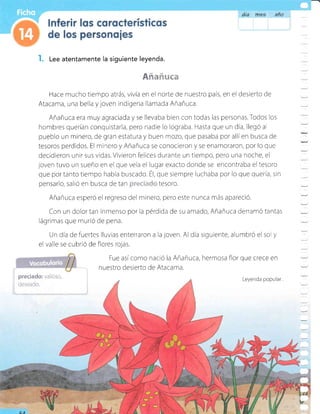 día ffxee aña
l. Lee atentamente la siguiente leyenda.
st=cg'c5=+*:
Hace muchotiempo atrás, vlvía en el norte de nuestro país, en el desierto de
Atacama, una bella y joven indígena llamada Añañuca.
Añañuca era muy agraciada y se llevaba bien con todas las personas.Todos los
hombres querían conquistarla, pero nadie lo lograba. Hasta que un día, llegó a
pueblo un minero, de gran estatura y buen rrozo,que pasaba por allíen busca de
tesoros perdidos. El minero y Añañuca se conocieron y se enamoraron, por lo que
decidieron unir sus vidas.Vrvieron fellces durante un tiempo, pero una noche, el
joven tuvo un sueño en el que veía el luqarexacto donde se encontraba el tesoro
que portantotiempo había buscado. É1, que siempre luchaba por lo que queria, sin
pensarlo, salió en busca de tan LJí.:: *, : '- tesoro.
Añañuca esperó el regreso del minero, pero este nunca más apareció.
Con un dolor tan inmenso por la pérdida de su amado, Añañuca deri'ar-¡ó tantas
lágrimas que murió de pena.
Un día defuertes lluvias enterraron a laloven. Al día siguiente, alumbró el so y
el valle se cubrió de flores rojas.
Fue asícomo nació la Añañuca, hermosa flor que crece en
nuestro desierto de Atacama.
:
:
preciado: valloso,
deseado.
Leyenda popular
 