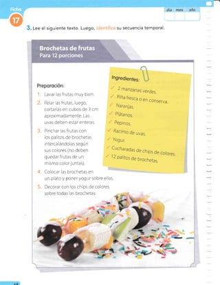 Lee el siguiente texto. Luego, su secuencia temporal.
Preporoción:
Lavar las frutas muy bien.
Pelar 'as frutas, luego,
cortarlas en cubos de 3 cm
aproximadamente. Las
uvas deben estar enteras.
Pinchar las frutas con
los palitos de brochetas
intercalándolas según
sus colores (no deben
quedar frutas de un
mismo color luntas).
Colocar las brochetas en
un plato y poner yogur sobre ellas.
Decorar con los chips de colores
sobre todas las brochetas.
,i
i
lngredienles: tl..:
2 rnanzanas
verdes.
piña
fresca o en conserva.
Naranjas.
p/átanos.
pepinos.
Racinro de uvas.
Yogur.
Cucharadas
de
12 pa/iros o. o;"t:J*de
co/ores
1.
2.
3.
4.
AA
 